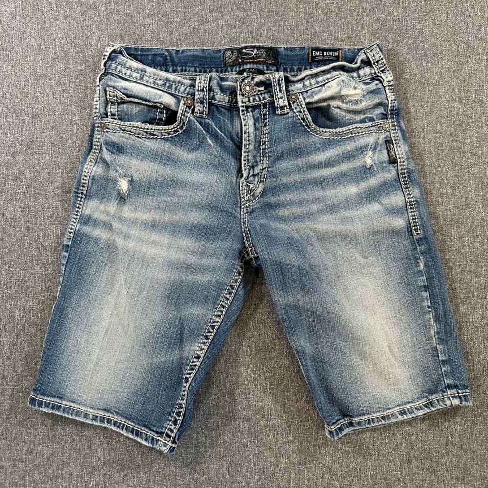 Silver Jeans Co Zac Relaxed Fit Denim Shorts Mens 31 Blue Distressed Y2K Medium